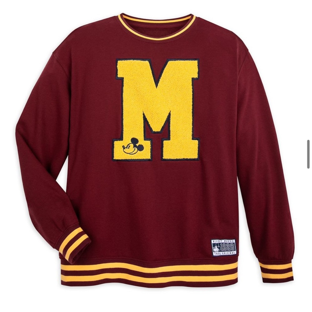 Mickey Mouse Letterman Fleece Pullover for Adults - Disney Crew Neck Maroon